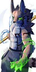  1:2 2023 absurd_res ankorthewolf anthro athletic athletic_anthro athletic_male bottomwear brown_body brown_fur canid canine canis clothed clothing ear_piercing fur green_eyes hi_res holding_melee_weapon holding_object holding_weapon jackal lifewonders looking_at_viewer magic_user male mammal melee_weapon pants piercing seth_(tas) solo striped_body striped_fur stripes tail tokyo_afterschool_summoners topless topless_anthro topless_male weapon 