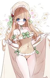  bare_shoulders blue_eyes blush bonnet bow brown_hair brown_one-piece_swimsuit closed_mouth collarbone commentary_request covered_navel female flower frilled_one-piece_swimsuit frills green_bow heart highres holding holding_towel long_hair looking_at_viewer nose_blush off-shoulder_one-piece_swimsuit off_shoulder one-piece_swimsuit original petals polka_dot polka_dot_bow simple_background solo swimsuit tandohark towel very_long_hair white_background white_flower white_headwear 