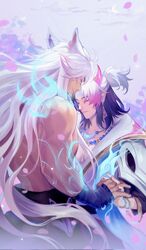  2boys animal_ears aphelios bandaged_hand bandages closed_eyes closed_mouth couple earrings facial_mark falling_petals fiiiiiiisher7 highres holding_hands horns jewelry large_pectorals league_of_legends long_hair male_focus medium_hair multicolored_hair multiple_boys muscular muscular_male necklace outdoors pectorals petals pink_hair purple_hair sett_(league_of_legends) smile spirit_blossom_aphelios spirit_blossom_sett topless_male white_hair yaoi 