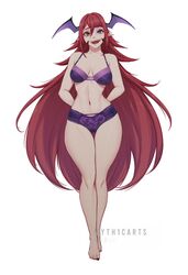  arms_behind_back barefoot bra breasts cleavage female full_body hair_between_eyes head_wings heterochromia highres indie_virtual_youtuber long_hair medium_breasts milia_atelier myth1carts open_mouth pointy_ears purple_eyes red_eyes red_hair smile solo teeth toenails underwear upper_teeth_only very_long_hair virtual_youtuber wings 