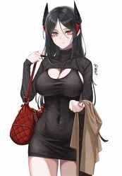  absurdres arknights bag black_dress black_hair black_horns breasts cleavage closed_mouth commentary covered_navel cowboy_shot dress female hair_between_eyes handbag highres horns ines_(arknights) jewelry large_breasts long_hair long_sleeves looking_at_viewer mildt mole mole_under_eye necklace red_bag shoulder_bag sidelocks simple_background solo star_(symbol) sweater turtleneck turtleneck_sweater twitter_username white_background yellow_eyes 