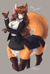  2022 5_fingers big_breasts black_nose breasts canid canid_taur canine canine_taur clothed_female clothing collar digital_media_(artwork) digital_painting_(artwork) eyebrows female fingers fluffy fluffy_tail fox fox_taur fur furgonomics hair hi_res legwear looking_at_viewer mammal mammal_taur multicolored_body multicolored_fur orange_body orange_fur quadruped red_eyes shaded soft_shading solo suit tail taur taur_clothing thigh_highs white_body white_fur wmdiscovery93 