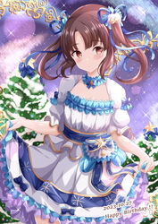  bell blue_bow blue_ribbon blush bow breasts brown_eyes brown_hair character_request christmas christmas_ornaments christmas_tree cleavage closed_mouth commentary_request dated dress female frilled_dress frills hair_bell hair_ornament hair_ribbon happy_birthday highres looking_at_viewer ongeki parted_bangs puffy_short_sleeves puffy_sleeves ribbon short_sleeves skirt_hold small_breasts solo star_(symbol) twintails white_dress xenon_(for_achieve) 