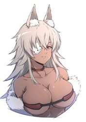  abs absurdres animal_ear_fluff animal_ears bandeau bare_shoulders breasts choker cleavage collarbone commentary cropped_torso crossed_bangs dark-skinned_female dark_skin eyepatch female fur-trimmed_jacket fur_trim ghislaine_dedoldia hair_between_eyes highres jacket large_breasts long_hair looking_at_viewer muscular muscular_female mushoku_tensei nishizuki_shino one-eyed parted_lips red_bandeau red_choker red_eyes scar scar_on_cheek scar_on_face simple_background skindentation solo upper_body white_background 