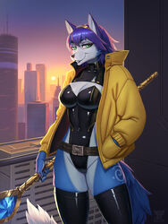  2023 3:4 5_fingers anthro black_clothing black_latex black_legwear black_leotard black_nose black_thigh_highs blue_body blue_fur blue_hair breasts canid canine city cleavage clothed clothing female fingers fox fur hacatiko hair hi_res humanoid_hands jacket krystal_(star_fox) latex latex_clothing latex_legwear latex_leotard latex_stockings latex_thigh_highs leg_markings legwear leotard looking_at_viewer mammal markings multicolored_body multicolored_fur nintendo outside signature smile solo staff star_fox stockings tail thigh_highs thigh_markings topwear tribal tribal_markings two_tone_body two_tone_fur white_body white_fur 