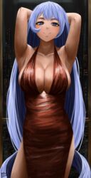  absurdres armpits arms_up blue_eyes blue_hair boku_no_hero_academia breasts cleavage dress female hadou_nejire highres large_breasts light_blue_hair long_hair looking_at_viewer red_dress solo steb very_long_hair window 