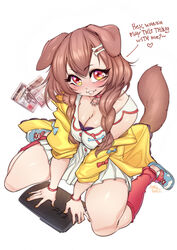  animal_collar animal_ears artist_name bone_hair_ornament braid breasts breasts_squeezed_together brown_hair brown_tail cartoon_bone cleavage collar covered_nipples dog_ears dog_girl dog_tail double-parted_bangs dress english_text eyelashes female fingernails floppy_ears from_above full_body game_console gofa hair_between_eyes hair_ornament highres hololive inugami_korone inugami_korone_(1st_costume) jacket large_breasts lips long_hair long_sleeves looking_at_viewer low_twin_braids metal_gear_(series) metal_gear_solid multicolored_eyes open_clothes open_jacket parted_lips playstation_3 purple_eyes red_collar red_eyes shoes short_dress simple_background sitting sleeveless sleeveless_dress smile solo tail twin_braids virtual_youtuber wariza white_background white_dress yellow_eyes yellow_jacket 