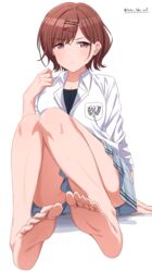  absurdres barefoot black_background brown_eyes brown_hair closed_mouth collarbone collared_shirt commentary_request feet female foot_focus foreshortening grey_skirt hair_ornament hairclip hairpin highres higuchi_madoka idolmaster idolmaster_shiny_colors knees_up legs long_sleeves looking_at_viewer medium_hair mole mole_under_eye plaid plaid_skirt pleated_skirt shirt simple_background sitting skirt soles solo takatsuki_p toes white_shirt 