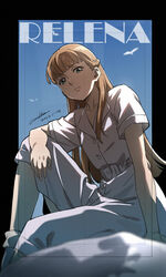  bird blonde_hair blue_sky character_name collarbone dated english_commentary english_text female from_below green_eyes gundam gundam_wing long_hair looking_at_viewer relena_peacecraft serious signature sitting sky solo straight_hair werkbau 