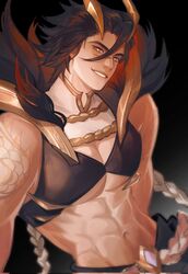  1boy abs black_hair black_pants dragon_boy dragon_horns fiiiiiiisher7 highres horns large_pectorals league_of_legends looking_at_viewer male_focus muscular muscular_male navel obsidian_dragon_sett official_alternate_costume pants pectorals scar scar_on_face scar_on_nose sett_(league_of_legends) short_hair smile solo teeth 