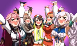  &gt;_&lt; 5girls absurdres armpits baseball_cap beret black_hair breasts brown_hair cleavage cleavage_cutout clothing_cutout coat coat_on_shoulders commentary_request ddolbang gloves grey_hair hat highres hololive hololive_english hololive_indonesia holotori korean_commentary large_breasts long_hair medium_breasts multicolored_hair multiple_girls nanashi_mumei nanashi_mumei_(1st_costume) navel oozora_subaru oozora_subaru_(1st_costume) orange_hair orange_hat outstretched_arms partially_fingerless_gloves pavolia_reine pavolia_reine_(1st_costume) pink_hair purple_background red_coat small_breasts smile streaked_hair takanashi_kiara takanashi_kiara_(1st_costume) takane_lui takane_lui_(1st_costume) virtual_youtuber white_hair 