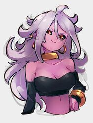  android_21 black_sclera breasts cleavage colored_sclera colored_skin commentary crop_top dragon_ball dragon_ball_fighterz female grey_background grey_hair kemachiku long_hair majin_android_21 medium_breasts pink_skin red_eyes simple_background solo symbol-only_commentary upper_body 