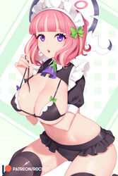  adjusting_clothes alternate_costume arm_under_breasts bikini black_bikini black_thighhighs bow breasts cleavage commentary drill_hair english_commentary eyeshadow female flipped_hair hairbow klara_(pokemon) large_breasts maid maid_bikini maid_headdress makeup midriff navel paid_reward_available pink_eyeshadow pink_hair pink_lips pokemon pokemon_swsh purple_eyes r0cketcat short_sleeves solo swimsuit teeth thighhighs twin_drills unconventional_maid upper_teeth_only white_bow 