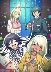  2boys 2girls :o ahoge akamatsu_kaede artist_name backpack bag bead_necklace beads bikini blonde_hair blush breast_pocket breasts buttons checkered_clothes checkered_scarf closed_eyes collarbone confetti danganronpa_(series) danganronpa_v3:_killing_harmony dark-skinned_female dark_skin double-breasted facing_viewer frown grey_jacket hair_ornament hand_up jacket jewelry large_breasts long_hair long_sleeves low_twintails multiple_boys multiple_girls musical_note musical_note_hair_ornament navel_piercing necklace necktie oma_kokichi open_clothes open_jacket open_mouth piercing pink_sweater_vest pocket saihara_shuichi scarf shachoo_(poco_poco) shell shell_necklace shirt smile striped_clothes striped_jacket sweater_vest swimsuit twintails upper_body white_shirt window yellow_jacket yonaga_angie 