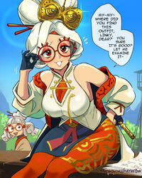  big_breasts blue_bottomwear blue_clothing blue_gloves blue_handwear blue_skirt blush blush_lines bottomwear breasts brown_eyes cleavage clothed clothing dialogue duo english_text eyelashes eyewear female glasses gloves hand_on_hip handwear hi_res huge_breasts humanoid humanoid_pointy_ears hylian josha_(tloz) legwear nintendo not_furry orange_clothing orange_eyeshadow orange_legwear purah red_eyes round_glasses side_boob sitting skirt smile snegovski speech_bubble tan_body tan_skin tears_of_the_kingdom text the_legend_of_zelda thick_thighs topwear white_clothing white_topwear wide_hips 