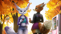  absurd_res anthro autumn blizzard_entertainment blue_eyes bottomwear breasts brown_body brown_fur can canid choker clothing container cutoffs denim denim_bottomwear denim_clothing detailed detailed_fur dipstick_tail duo ear_piercing female flakey_the_vulpera flower fur hi_res jacket jewelry leather leather_clothing leather_jacket leather_topwear mammal markings mirror mountain_dew necklace nidsi_the_vulpera oini piercing pink_phone plant purple_bottomwear purple_clothing purple_jacket purple_skirt purple_tail_tip purple_topwear rose_(flower) shorts skirt sky small_breasts stitch_(sewing) street_lamp tail tail_markings topwear tree turquoise_topwear vending_machine vulpera warcraft white_body white_fur white_tail_tip 