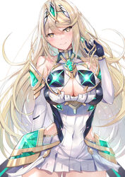  arm_guards bare_legs bare_shoulders blonde_hair breasts circlet cleavage cleavage_cutout clothing_cutout core_crystal_(xenoblade) covered_navel cowboy_shot dress earrings elbow_gloves female gloves glowing highres inoue_takuya_(tactactak) jewelry long_hair looking_at_viewer microdress mythra_(xenoblade) simple_background solo swept_bangs very_long_hair white_background white_dress white_gloves xenoblade_chronicles_(series) xenoblade_chronicles_2 yellow_eyes 