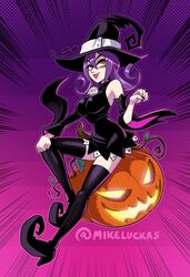  animal_ears black_headwear black_sleeves blair_(soul_eater) boots breasts cat_ears cat_girl detached_sleeves ears_through_headwear female halloween hat jack-o&#039;-lantern large_breasts long_hair long_sleeves mike_luckas night night_sky pink_background pumpkin purple_background purple_hair signature sitting sky soul_eater thigh_boots thighhighs thighs tongue twitter_username two-tone_background witch witch_hat yellow_eyes 