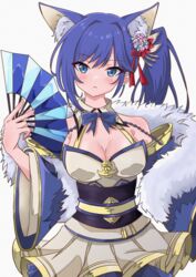  amanotti_01 animal_ears arm_behind_back azur_lane bare_shoulders blue_eyes blue_hair blush bow breasts cleavage detached_collar detached_sleeves female flower fox_ears fox_girl frown fur_trim hair_between_eyes hair_flower hair_ornament hairbow hand_fan hand_up highres holding holding_fan jintsuu_(azur_lane) long_hair looking_at_viewer medium_breasts pleated_skirt purple_hair red_bow side_ponytail skirt solo staring wide_sleeves 