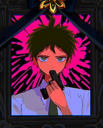  1boy ahoge black_bow bow brown_eyes brown_hair danganronpa_(series) danganronpa_2:_goodbye_despair green_necktie grey_shirt gun_in_mouth highres hinata_hajime iei looking_at_viewer male_focus necktie pink_background sg_(sallgam) shirt short_hair solo sweat 