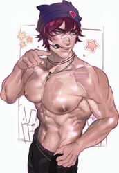  1boy abs absurdres aommemi bandaid bandaid_on_face bandaid_on_nose bara black_pants hat headset heartsteel_(league_of_legends) heartsteel_sett highres jewelry large_pectorals league_of_legends male_focus muscular muscular_male navel necklace nipples pants pectorals pink_hair sett_(league_of_legends) short_hair smile solo topless_male twitter_username 