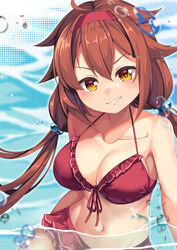  ahoge bare_shoulders bikini bikini_skirt blush breasts brown_hair cleavage collarbone commentary_request cosplay daiwa_scarlet_(trifle_vacation)_(umamusume) daiwa_scarlet_(umamusume) daiwa_scarlet_(umamusume)_(cosplay) female front-tie_bikini_top front-tie_top grin hairband highres kantai_collection large_breasts long_hair looking_at_viewer navel red_bikini red_hairband red_skirt shiratsuyu_(kancolle) skirt smile solo stomach swimsuit trait_connection umamusume upper_body very_long_hair water yasume_yukito yellow_eyes 