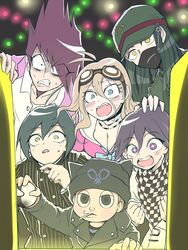  5boys :d antenna_hair ball barbed_wire black_choker black_headwear black_jacket blonde_hair blush breasts brown_hair candy checkered_clothes checkered_scarf choker cleavage clenched_hands clenched_teeth collarbone collared_shirt danganronpa_(series) danganronpa_v3:_killing_harmony facial_hair female fingerless_gloves food gloves goatee goggles goggles_on_head green_headwear hair_between_eyes hand_on_another&#039;s_head highres holding holding_ball hoshi_ryoma iruma_miu jacket large_breasts lollipop long_hair long_sleeves male_focus mask medium_hair momota_kaito mouth_mask multiple_boys oma_kokichi pink_jacket pink_shirt saihara_shuichi sailor_collar scarf shachoo_(poco_poco) shinguji_korekiyo shirt smile sparkling_eyes spiked_hair striped_clothes striped_jacket striped_shirt sweat teeth tongue upper_teeth_only white_sailor_collar 