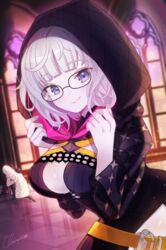  1boy baphomet_(fate) belt black_dress black_jacket blue_eyes breasts cleavage cropped_jacket dress fate/grand_order fate_(series) female glasses grey_hair highres hood hood_up hooded_jacket jacket jacques_de_molay_(foreigner)_(fate) jacques_de_molay_(foreigner)_(second_ascension)_(fate) jacques_de_molay_(saber)_(fate) lamb large_breasts long_sleeves looking_at_viewer open_clothes open_jacket sheep short_dress short_hair smile solo_focus umirunie 