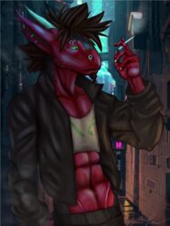  3:4 abs alley anthro athletic athletic_anthro athletic_male cyberpunk depression digital_media_(artwork) dragon grivik hi_res male mythological_creature mythological_scalie mythology night scalie smoking solo street 