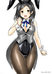  animal_ears black_hair black_leotard blush breasts brown_eyes cleavage covered_navel cowboy_shot detached_collar fake_animal_ears female hair_ornament hairclip kantai_collection kudou_(ooabareteng) kuroshio_(kancolle) leotard leotard_under_clothes looking_at_viewer medium_breasts neck_ribbon open_mouth playboy_bunny rabbit_ears rabbit_tail ribbon shiny_clothes short_hair simple_background smile solo strapless strapless_leotard tail twitter_username vest wrist_cuffs 