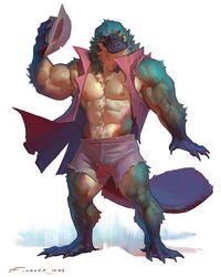  2023 4:5 abs anthro biceps biped bottomwear clothed clothing digital_media_(artwork) fur green_body green_fur hat headgear headwear hi_res male mammal monotreme muscular muscular_anthro muscular_male muscular_thighs open_clothing open_topwear pecs platypus quads shorts simple_background solo tail tan_body tan_fur taran_fiddler thick_thighs topwear torn_clothing wereplatypus white_background 