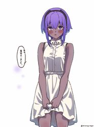  absurdres alternate_costume bare_shoulders black_hairband blush commentary_request dark-skinned_female dark_skin dress fate/grand_order fate/prototype fate/prototype:_fragments_of_blue_and_silver fate_(series) female hair_between_eyes hairband hassan_of_serenity_(fate) highres mitsurugi_sugar open_mouth purple_eyes purple_hair short_hair simple_background sleeveless sleeveless_dress solo speech_bubble translated twitter_username very_dark_skin white_background white_dress 