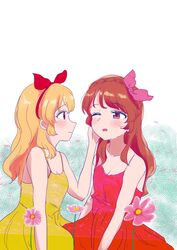  2girls aikatsu! aikatsu!_(series) blonde_hair bow braid breasts brown_hair cosmos_(flower) crown_braid dress field flower flower_field hair_ornament hairband hairbow hand_on_own_face highres hoshimiya_ichigo kantora long_hair medium_breasts multiple_girls open_mouth ozora_akari petals pink_bow pink_eyes pink_flower red_bow red_dress red_eyes red_hairband sundress yellow_dress 