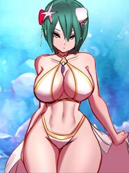  bare_shoulders bikini breasts closed_mouth female fire_emblem fire_emblem_heroes gold_trim green_hair hair_between_eyes highres jaxdrawz large_breasts looking_at_viewer midriff navel official_alternate_costume outdoors solo swimsuit thick_thighs thighs thorr_(fire_emblem) thorr_(summer)_(fire_emblem) white_bikini yellow_eyes 