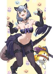  :d animal_ear_fluff animal_ears bare_arms black_footwear black_hair black_pantyhose black_shorts bone_necklace boots breasts cerberus_(kemono_friends) cerberus_(kemono_friends)_(cosplay) collar collarbone commentary cosplay elbow_gloves english_commentary feet_out_of_frame female fingerless_gloves gloves gradient_hair grey_hair hat highres hikari_(kemono_friends) jack-o&#039;-lantern kemono_friends lucky_beast_(kemono_friends) micro_shorts multicolored_hair navel open_mouth pantyhose short_hair shorts simple_background small_breasts smile solo spiked_collar spikes stomach strapless tail tanabe_(fueisei) thigh_strap tube_top witch_hat yellow_background yellow_eyes 