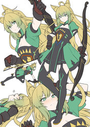  animal_ears atalanta_(fate) black_gloves black_skirt black_thighhighs blonde_hair blush bow_(weapon) braid breasts cat_ears cat_tail cleavage closed_eyes dress fate/apocrypha fate_(series) female french_braid full_body gloves gradient_hair green_dress green_eyes green_hair layered_skirt long_hair looking_at_viewer lying medium_breasts multicolored_hair multiple_views on_back open_mouth puffy_short_sleeves puffy_sleeves running shiseki_hirame short_sleeves skirt tail thighhighs weapon 