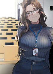  breasts brown_eyes brown_hair commentary denim female glasses highres id_card indoors jeans korean_commentary large_breasts light_blush light_smile long_hair looking_at_viewer noah_(pixiv) original pants ribbed_sweater solo sweater taut_sweater turtleneck turtleneck_sweater 