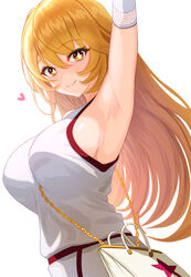  absurdres arm_up armpits bag blonde_hair blush breasts bright_pupils brown_eyes closed_mouth female gradient_eyes gym_shirt gym_shorts gym_uniform hair_between_eyes heart highres large_breasts long_hair multicolored_eyes ni_tamago_sando no_emblem presenting_armpit shirt shokuhou_misaki shorts sideboob simple_background sleeveless sleeveless_shirt smile solo star-shaped_pupils star_(symbol) symbol-shaped_pupils toaru_kagaku_no_railgun toaru_kagaku_no_railgun_t toaru_majutsu_no_index tokiwadai_school_gym_uniform upper_body white_background white_pupils white_shirt white_shorts yellow_eyes 