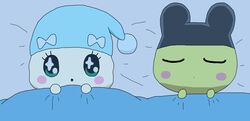  2016 bed bedding big_eyes blanket cansin13 closed_eyes clothing duo female furniture green_eyes hat headgear headwear lovelitchi male mametchi sleeping tamagotchi toony 