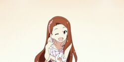  animated animated bow brown_eyes brown_hair dress female hair_flip hairband hairbow idolmaster idolmaster_(classic) long_hair looking_at_viewer lowres minase_iori one_eye_closed open_mouth smile solo stuffed_animal stuffed_toy winking_(animated) 