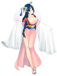  blue_eyes blue_hair breasts chinese_clothes cleavage commentary_request female flower full_body hagoromo hair_flower hair_ornament hanfu headdress highres keomi_syeon korean_commentary large_breasts long_hair magi_the_labyrinth_of_magic ren_hakuei robe shawl smile solo transparent_background very_long_hair 