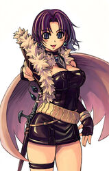  alchemist amulet artist_request bb beads big_breasts blue_eyes bracelet breasts cleavage clothes clothing dress earings earrings fan female female jewelry large_breasts leather necklace purple_hair ragnarok_online scabbard sheath short_hair simple_background smile solo sword talisman weapon xration 