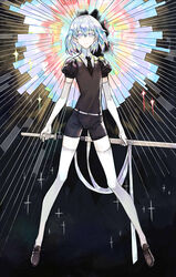  1other absurdres androgynous belt black_necktie black_shorts black_vest blue_eyes blue_hair brown_footwear chinese_commentary closed_mouth collared_shirt commentary_request diamond_(houseki_no_kuni) elbow_gloves gem_uniform_(houseki_no_kuni) gloves hair_between_eyes highres holding holding_sheath holding_sword holding_weapon houseki_no_kuni legs_apart looking_at_viewer mosaic_pattern necktie other_focus puffy_short_sleeves puffy_sleeves rosette_(yankaixuan) sheath shirt shoes short_hair short_sleeves shorts smile solo standing sword thighhighs unsheathing vest weapon white_shirt white_thighhighs 