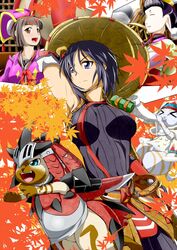  &gt;_&lt; 3girls :d animal armor armpits belt black_hair blowing blue_eyes blunt_bangs bow brown_hair buckle china_dress chinese_clothes closed_eyes commentary_request cowboy_shot dress expressionless feline felyne hat headband helmet horns instrument japanese_armor konaha_(monster_hunter) lagombi_(armor) leaf leaf_background long_hair looking_afar monster_hunter_(character) monster_hunter_(series) monster_hunter_portable_3rd multiple_girls mun open_mouth orange_eyes pointy_ears rathalos_(armor) red_bow single_horn smile straw_hat striped_clothes striped_dress very_long_hair whiskers wince yukumo_(armor) yukumo_village_elder 