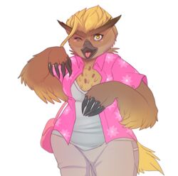  2017 alpha_channel anthro avian beak blonde_hair blush bottomwear breasts claws clothing corablue dungeons_and_dragons feathers female hair handbag hasbro hi_res hybrid non-mammal_breasts one_eye_closed open_mouth owlbear pants shirt simple_background smile solo topwear transparent_background wide_hips wizards_of_the_coast yellow_eyes zowlie 