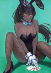  ace_(playing_card) ace_of_clubs animal_ears aqua_background bare_shoulders between_legs black_footwear black_leotard blue_archive blue_bow blue_bowtie blush bow bowtie breasts card cleavage closed_mouth club_(shape) commentary_request dark-skinned_female dark_skin detached_collar fake_animal_ears female fishnet_pantyhose fishnets gloves hand_between_legs high_heels high_ponytail highres jack_(playing_card) jack_of_clubs_(playing_card) karin_(blue_archive) karin_(bunny)_(blue_archive) king_(playing_card) king_of_clubs knees_up large_breasts leotard long_hair looking_at_viewer number_tattoo official_alternate_costume orange_eyes pantyhose playboy_bunny playing_card poker ponytail queen_(playing_card) queen_of_clubs rabbit_ears royal_flush shoulder_tattoo simple_background sitting solo spread_legs strapless strapless_leotard tattoo ten_of_clubs traditional_bowtie v-shaped_eyebrows vertigris very_long_hair white_gloves wrist_cuffs 