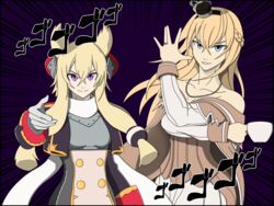  2girls azur_lane blonde_hair blue_eyes braid commentary crossed_bangs crossover crown cup dress en_go_(kuro_nigiri) english_commentary half_up_braid highres historical_name_connection jewelry jojo_no_kimyou_na_bouken jojo_pose kantai_collection long_sleeves looking_at_viewer meme menacing_(jojo) mini_crown multiple_girls name_connection necklace off-shoulder_dress off_shoulder ornate_ring pose purple_eyes ring teacup warspite_(azur_lane) warspite_(kancolle) wedding_ring 