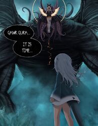  2girls blue_eyes blue_hair blunt_bangs dress eldritch_abomination english_text fins fish_tail gardavwar gawr_gura gawr_gura_(1st_costume) gloves gradient_hair grey_hair halo highres hololive hololive_english long_hair low_wings multicolored_hair multiple_girls ninomae_ina&#039;nis ninomae_ina&#039;nis_(1st_costume) open_mouth orange_hair pointy_ears purple_hair shark_girl shark_tail short_dress single_thighhigh streaked_hair tail tentacle tentacle_hair thighhighs very_long_hair virtual_youtuber wings 