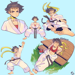  abs baggy_pants barefoot belt black_belt black_hair blue_background bottle breasts brown_eyes choker cleavage clenched_hands collage commentary dougi english_commentary eymbee female fighting_stance flying highres horse_stance karate_gi makoto_(street_fighter) martial_arts_belt medium_breasts pants red_sports_bra ribbon_choker short_hair sitting solo_focus sports_bra street_fighter street_fighter_iii_(series) toes tomboy toned uppercut water_bottle 