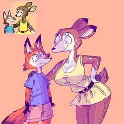  1:1 2023 4_fingers anthro big_breasts blue_clothing blue_shirt blue_t-shirt blue_topwear bodily_fluids bottomwear breasts brown_body brown_fur brown_tail canid canine clothed clothing crying dearest_deer deer dress duo eye_contact facebook facebook_stickers female fingers fox fully_clothed fur hand_on_hip hand_on_shoulder hi_res huge_breasts insane larger_female long_tail looking_at_another male male/female mammal moose new_world_deer orange_body orange_fur orange_tail pink_bottomwear pink_clothing pink_shorts renita_reed sad shadow shirt short_ears short_tail shorts simple_background size_difference smile standing sub_fox t-shirt tail tan_background tears thick_thighs topwear yellow_clothing yellow_dress 